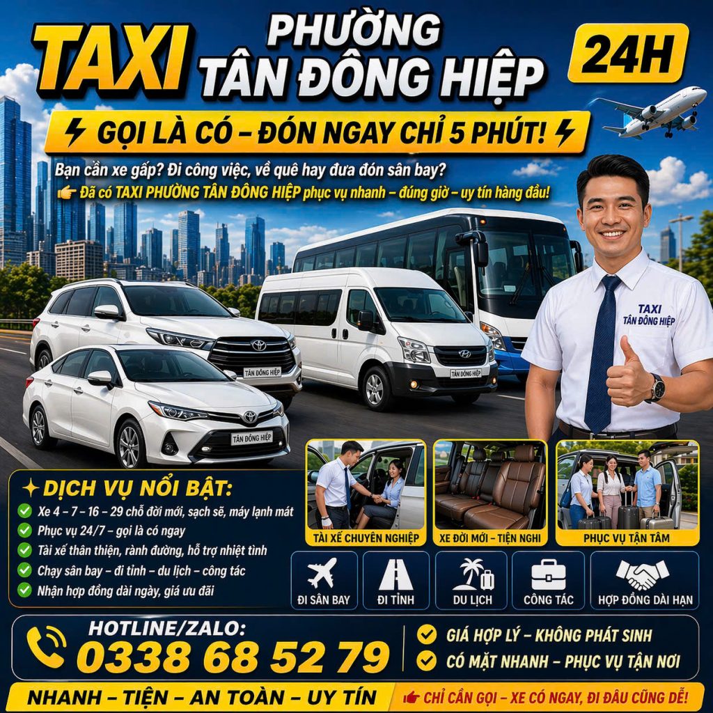Taxi Phường Tân Đông Hiệp 24h 0338 68 52 79