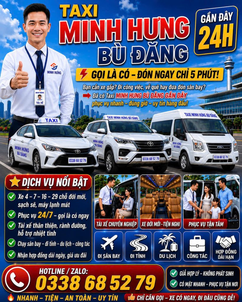 Taxi Minh Hưng Bù Đăng Gần Đây 0338 68 52 79