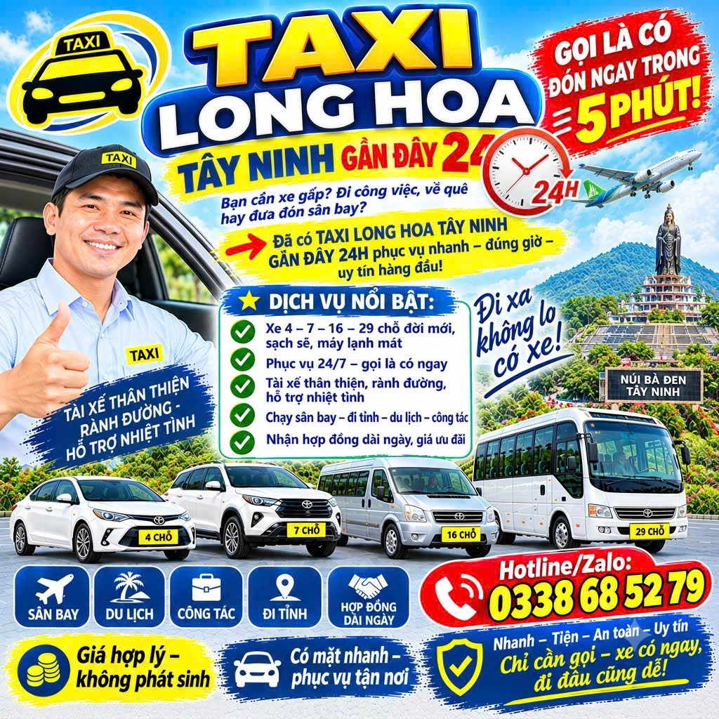 Taxi Long Hoa Tây Ninh Gần Đây 24h 0338685279